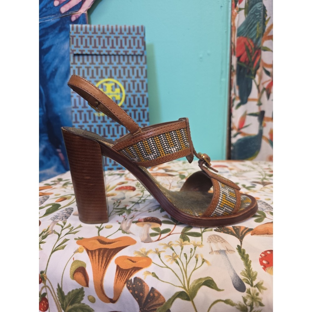 Tory Burch Florian Aztec Block Heel Sandals Tan Leather Ankle Strap Women 9 M - Picture 4 of 13